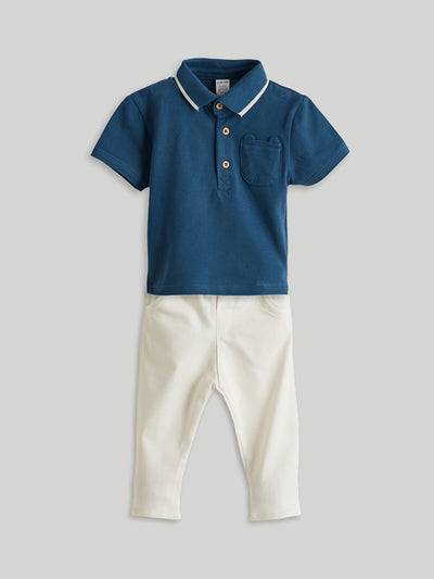 Lacivert Polo Yaka Erkek Bebek Tişört ve Pantolon 2'li