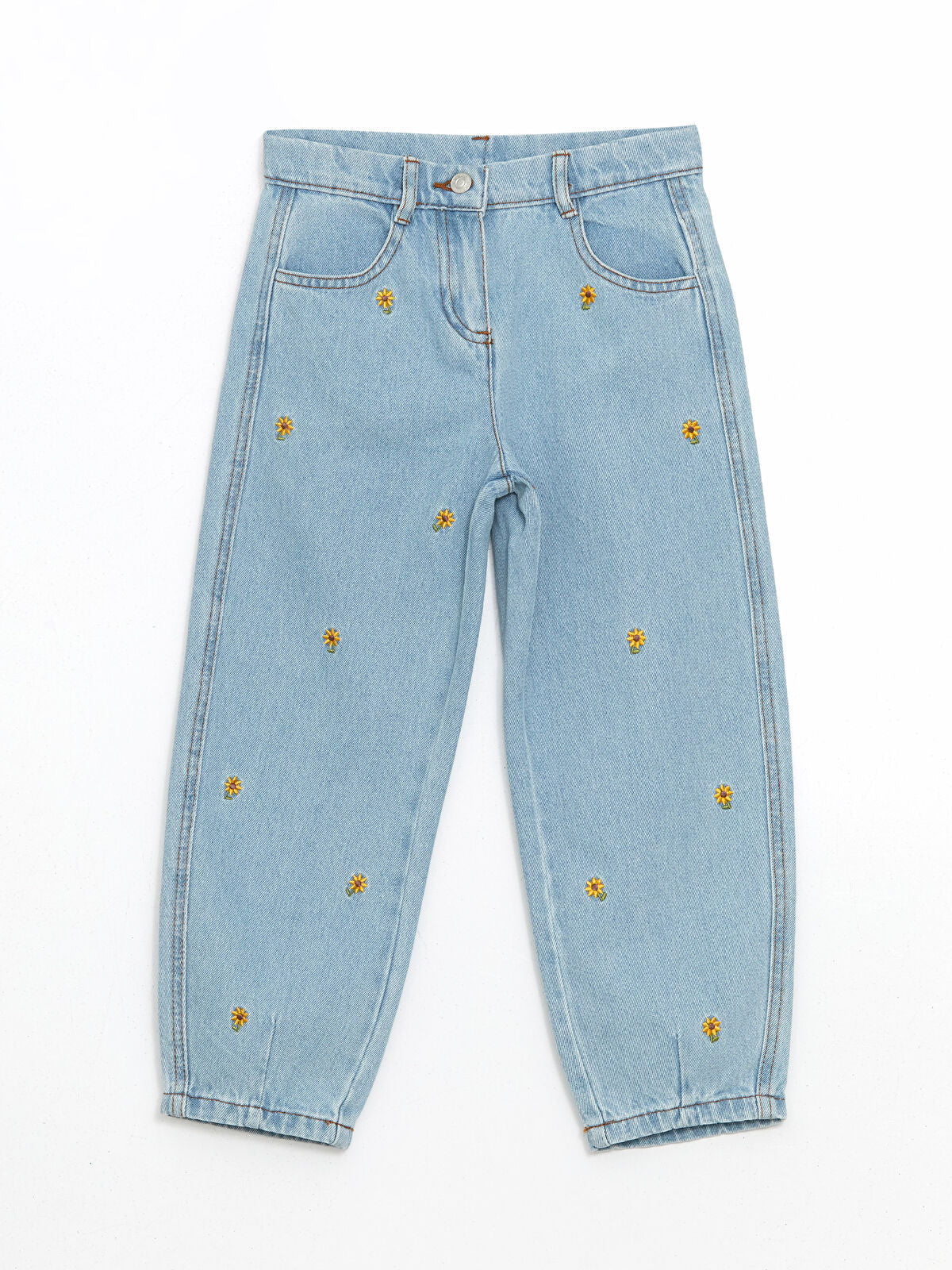 Mavi Beli Ayarlanabilir Çiçekli Kız Çocuk Jean Pantolon