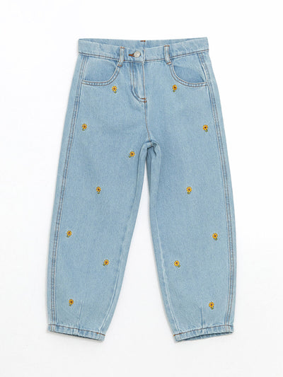 Mavi Beli Ayarlanabilir Çiçekli Kız Çocuk Jean Pantolon