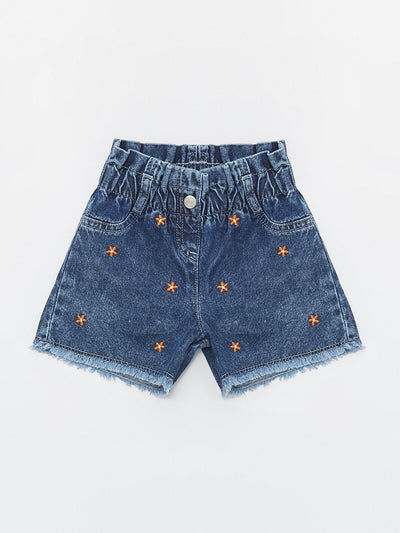 Mavi Beli Lastikli Nakışlı Kız Çocuk Jean Şort