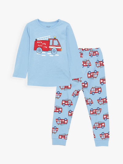 Mavi Bisiklet Yaka Uzun Kollu Baskılı Erkek Bebek Pijama Takımı 2'li