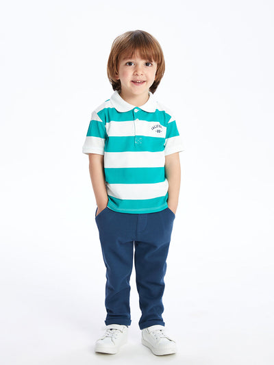 Ekru Polo Yaka Kısa Kollu Çizgili Erkek Bebek Tişört ve Pantolon 2'li Takım