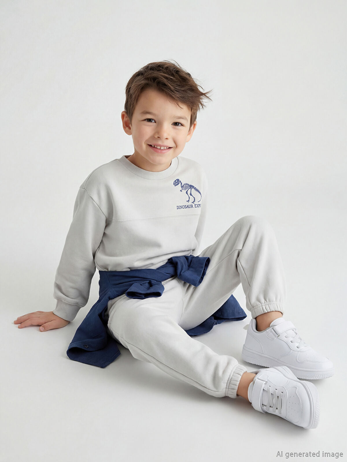 Gri Dinozor Baskılı Erkek Çocuk Sweatshirt ve Eşofman Altı