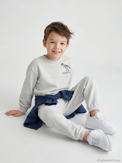 Gri Dinozor Baskılı Erkek Çocuk Sweatshirt ve Eşofman Altı