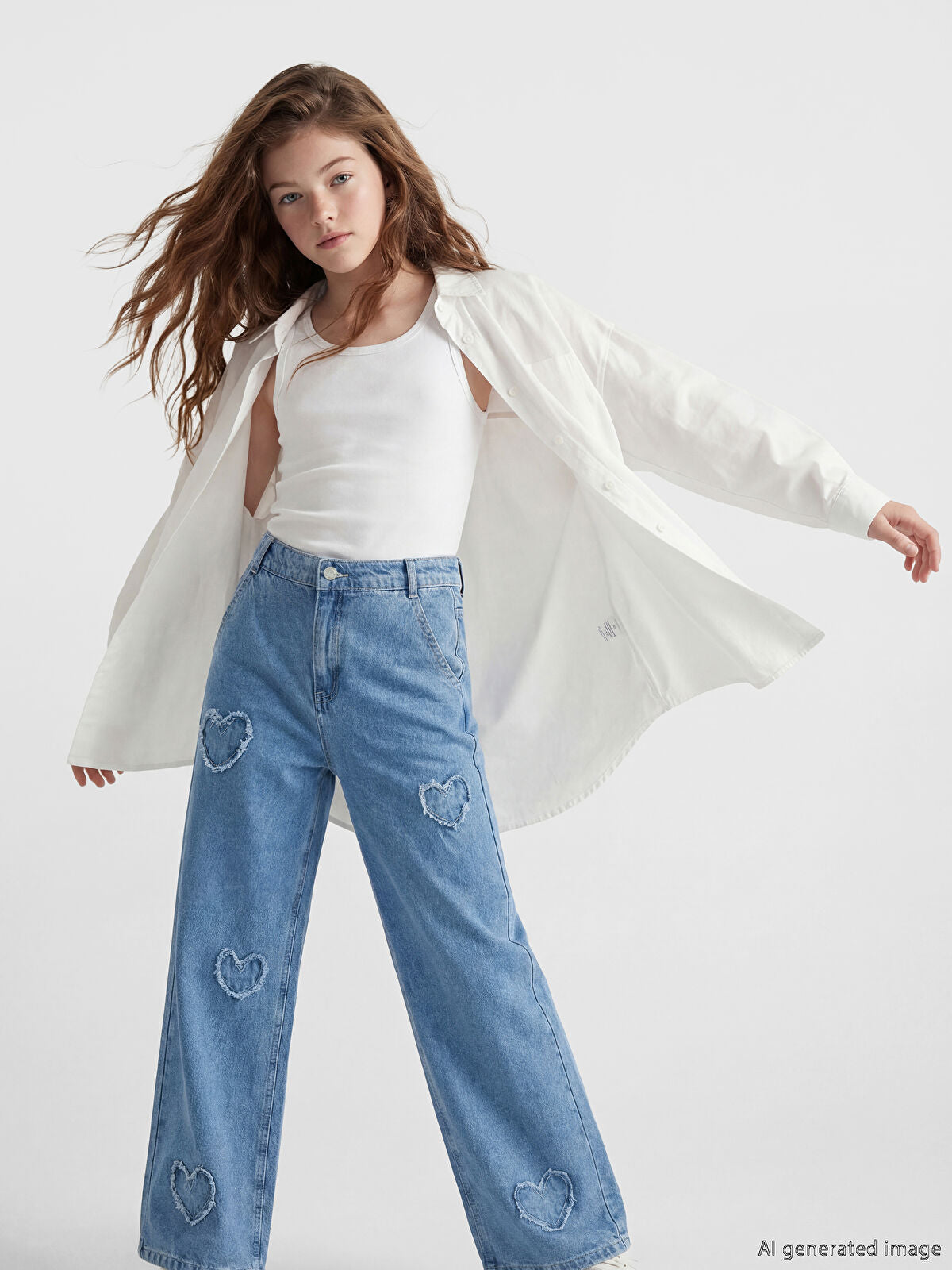 Mavi Wideleg Nakışlı Kız Çocuk Jean Pantolon
