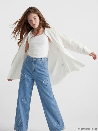 Mavi Wideleg Nakışlı Kız Çocuk Jean Pantolon