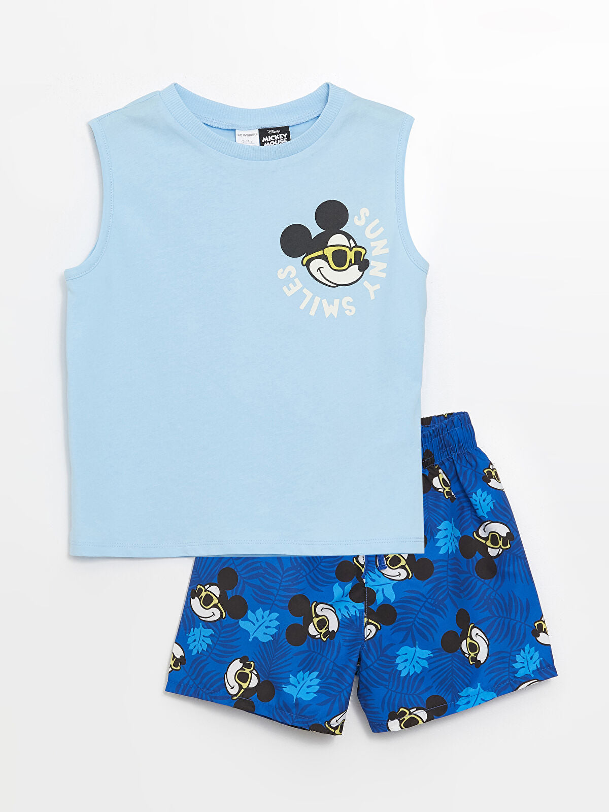 Mavi Bisiklet Yaka Kolsuz Mickey Mouse Baskılı Erkek Bebek Atlet ve Deniz Şortu 2'li Takım