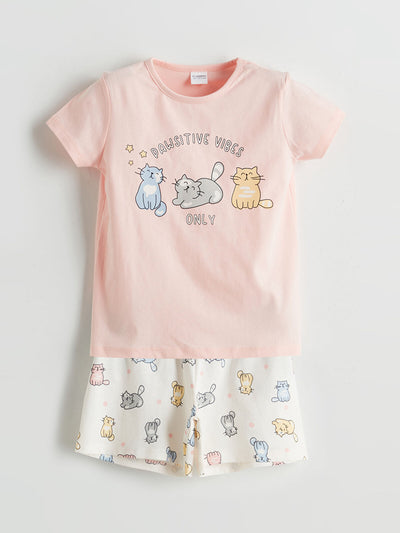 Pembe Baskılı Penye Kız Çocuk Şortlu Pijama Takım