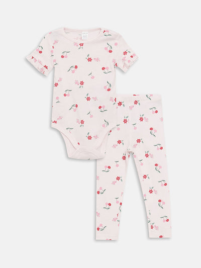 Pembe Bisiklet Yaka Kısa Kollu Çiçekli Kız Bebek Çıtçıtlı Body ve Tayt 2'li Takım