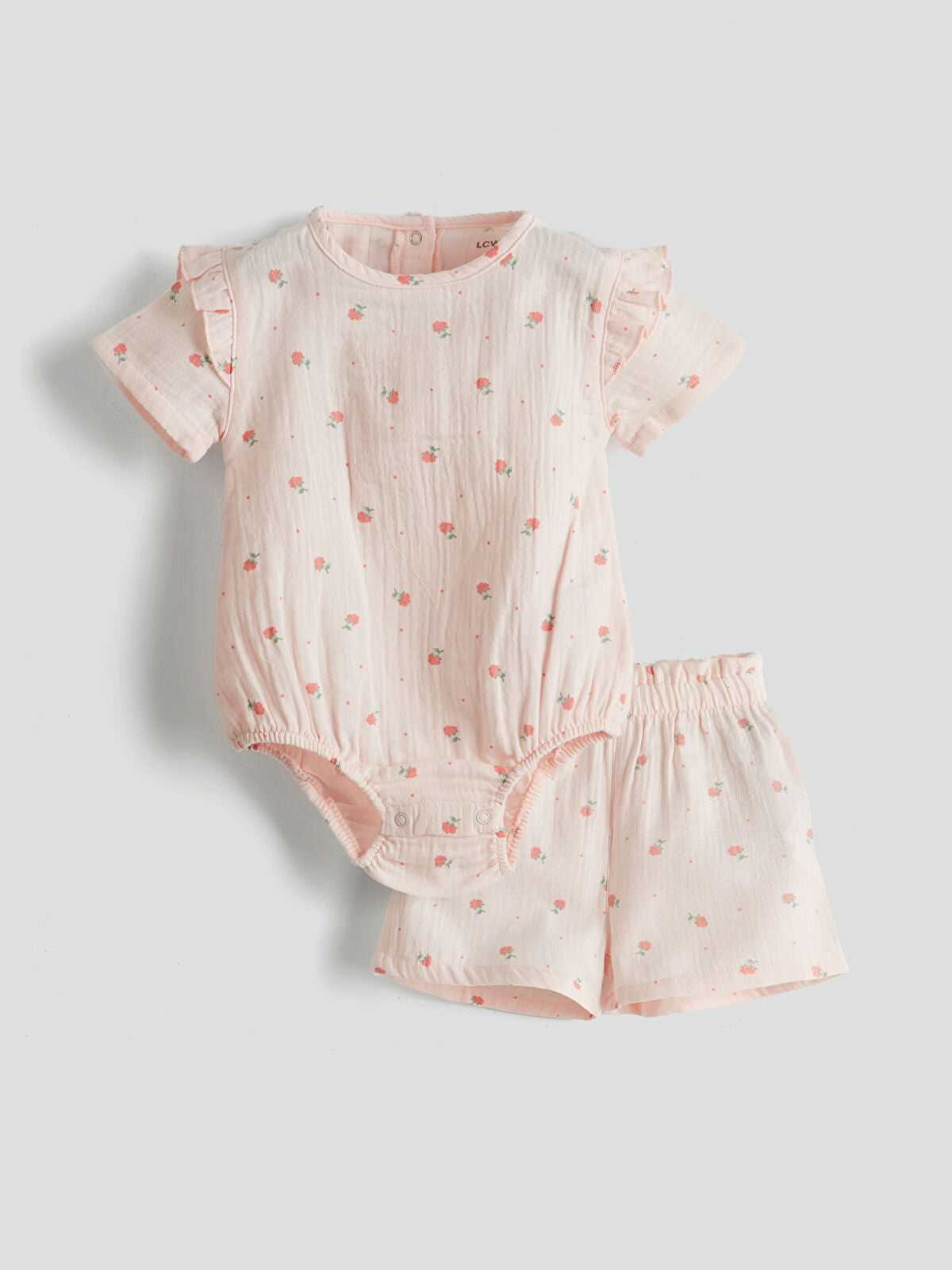 Pembe Çiçekli Çıtçıtlı Body ve Şort 2'li