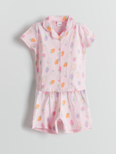 Pembe Gömlek Yaka Kız Çocuk Şortlu Pijama Takım