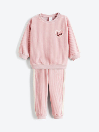 Pembe Kız Çocuk Kadife Sweatshirt ve Eşofman Altı