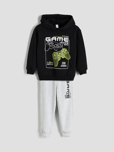 Siyah Erkek Çocuk Kalın Kapüşonlu Sweatshirt ve Eşofman Alt 2'lİ