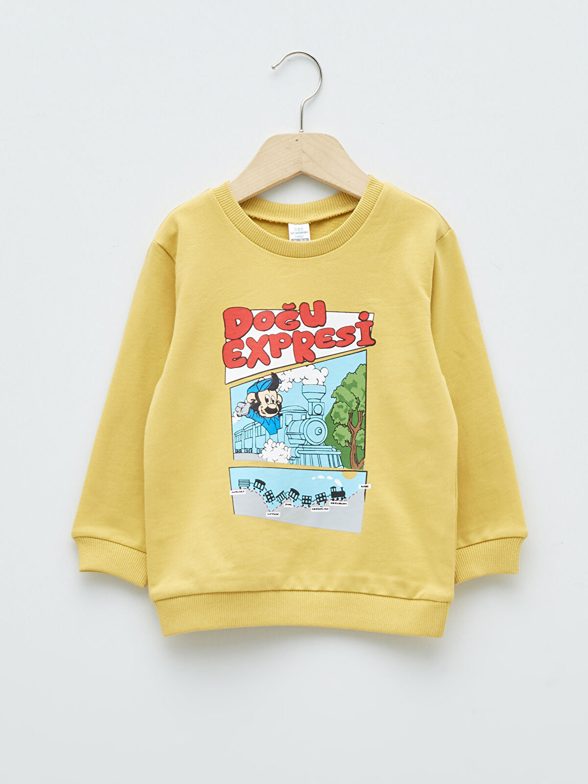 Sarı Bisiklet Yaka Uzun Kollu Nostaljik Maymun Baskılı Erkek Bebek Sweatshirt