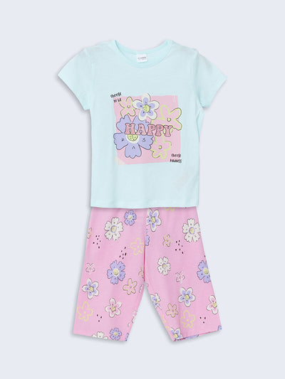 Turkuaz Bisiklet Yaka Baskılı Kız Çocuk Şortlu Pijama Takımı