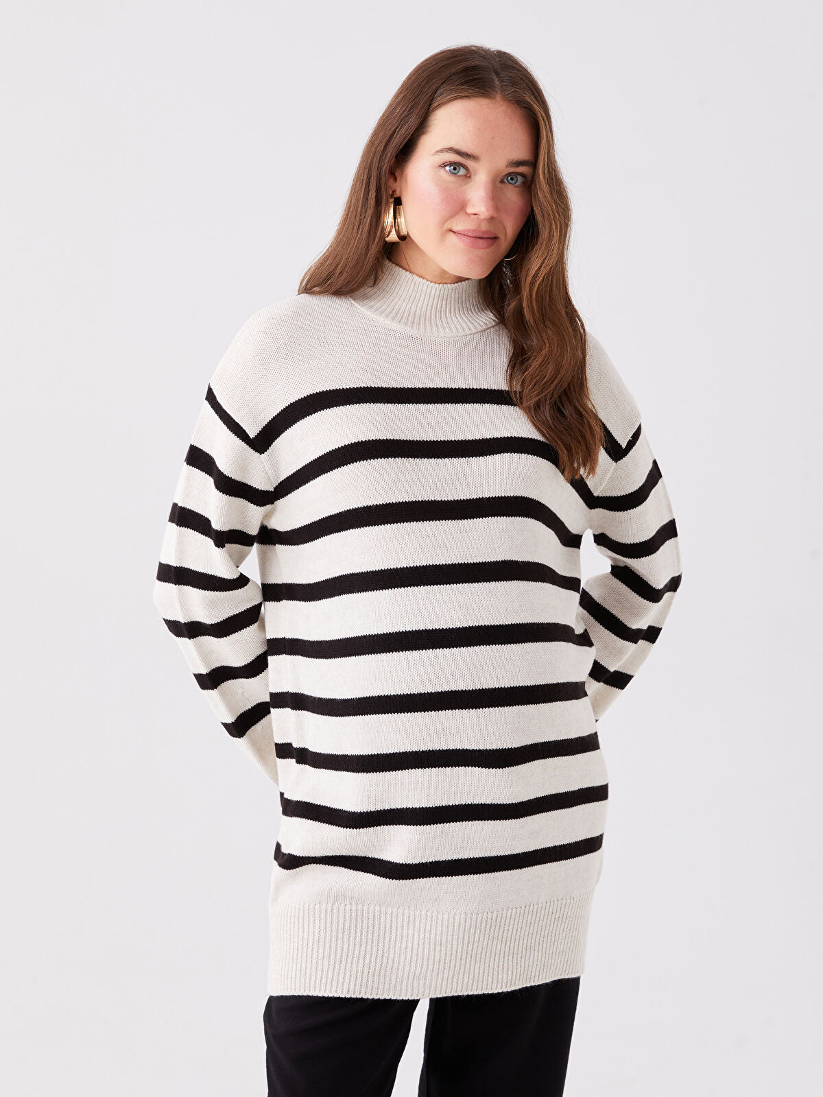 Siyah Bisiklet Yaka Çizgili Uzun Kollu Oversize Hamile Triko Tunik