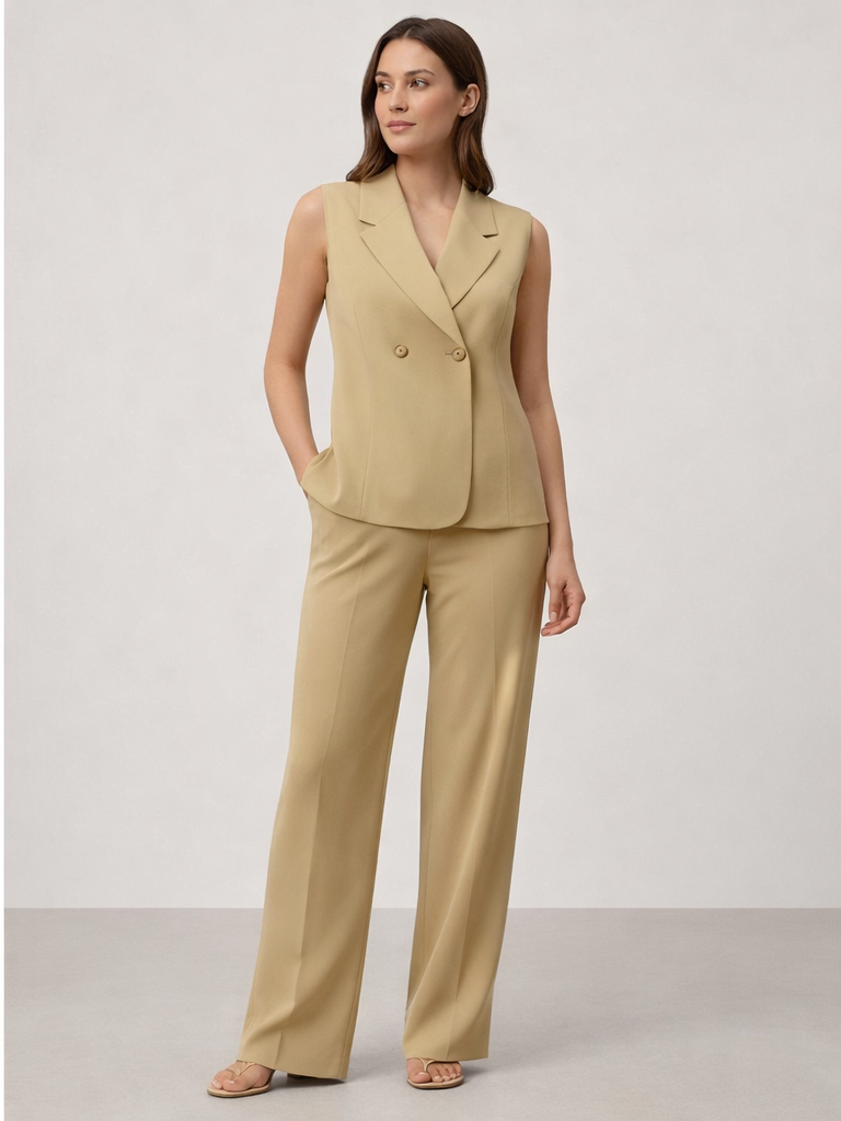 Gold Carino Bej Kolsuz Blazer Yelek Takım
