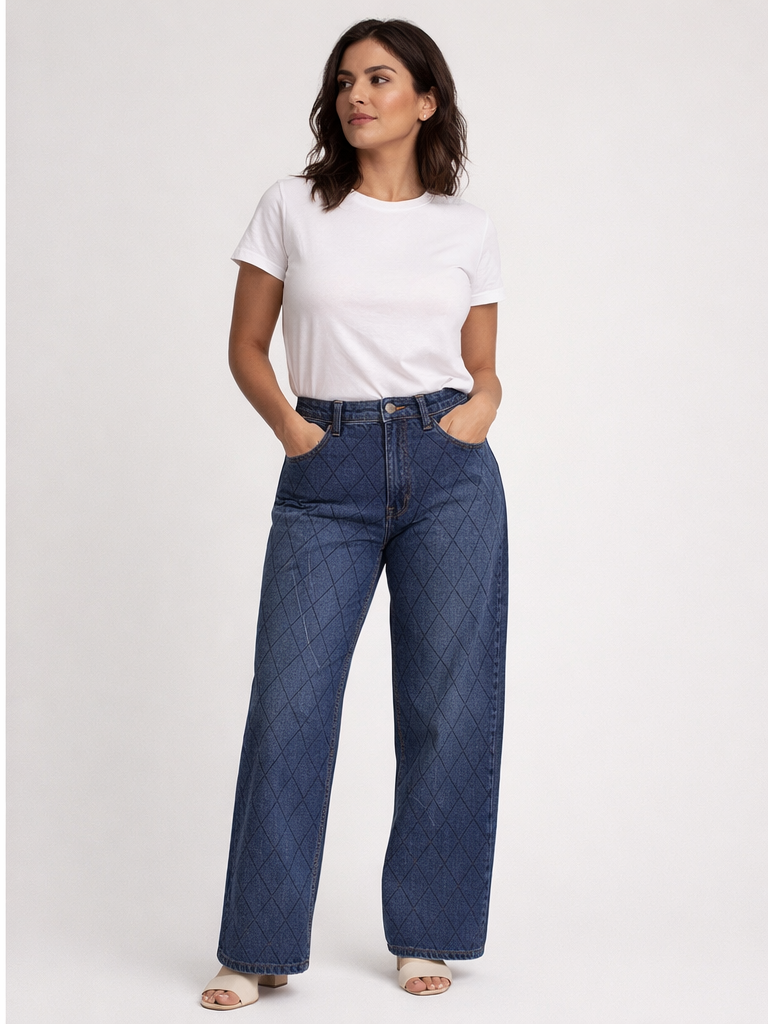 Lacarino Mavi Baklava Desen Taşlı Wide-Leg Jean