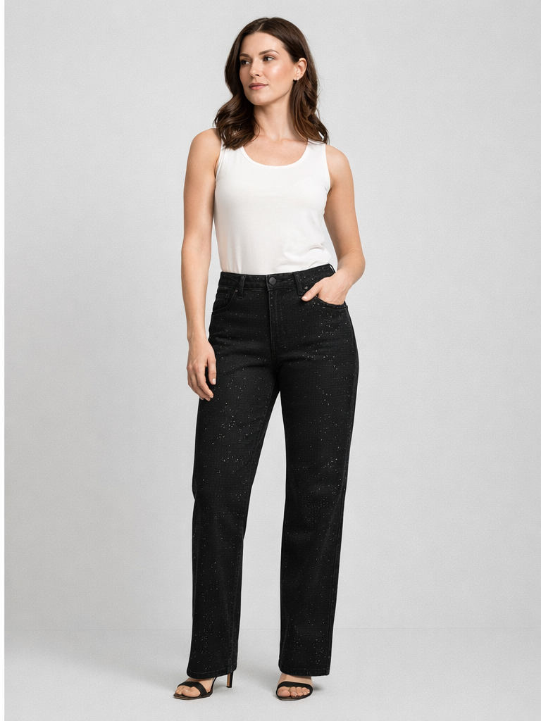 Lacarino Siyah Full Koyu Taşlı Wide-Leg Jean