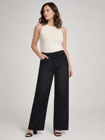 Lacarino Siyah Baklava Desen Taşlı Wide-Leg Jean