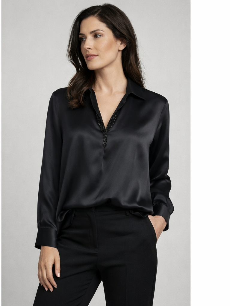 Yake Yaka İşlemeli Oversize Siyah Saten Tunik