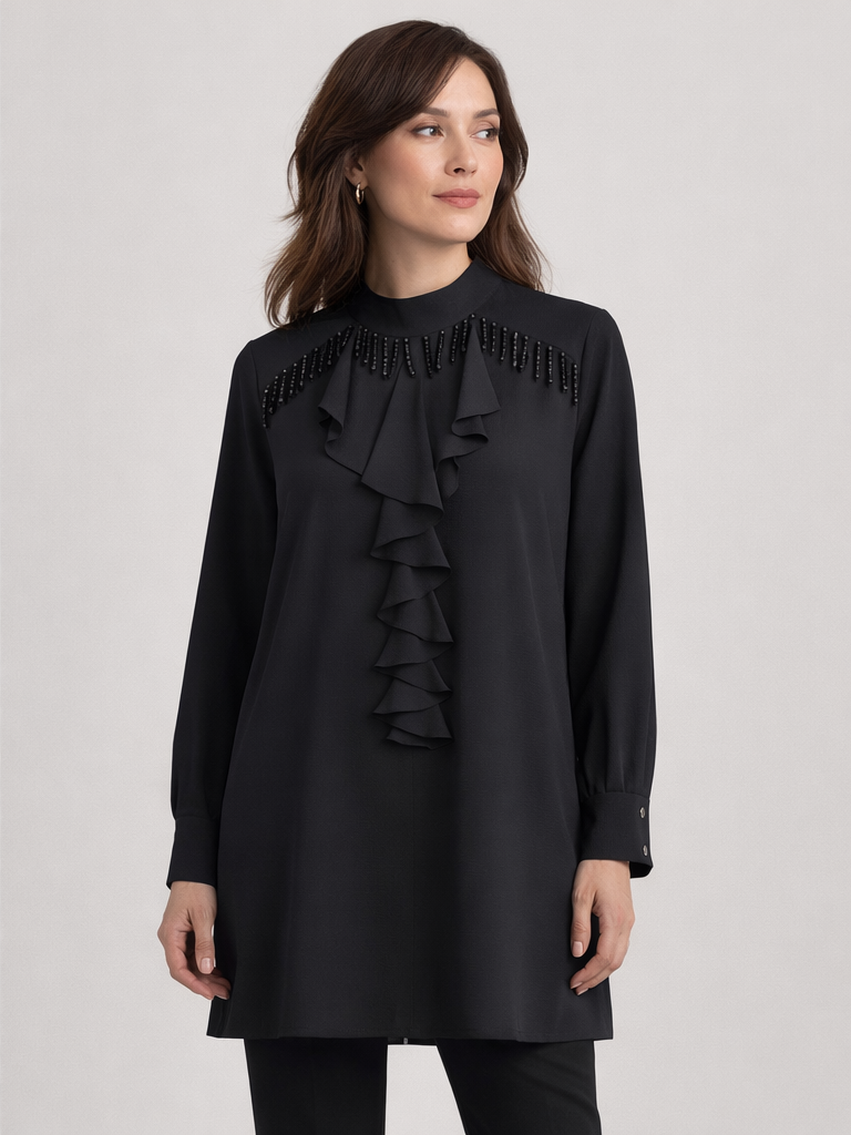 Defnestore Store Volanlı Boncuk Detaylı Siyah Tunik