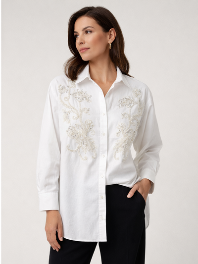 Robin Beyaz Çiçek Desenli Pul Ve Boncuk İşlemeli Kadın Oversize Gömlek