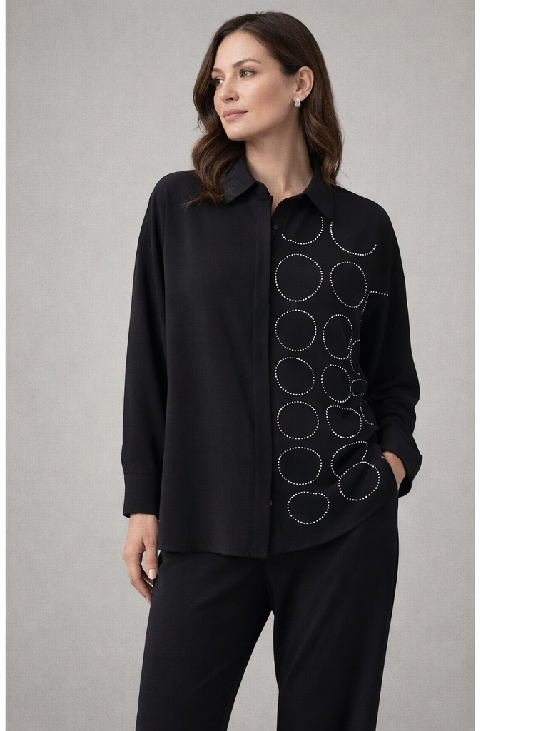 Yake Siyah Geometrik Halka Taş İşlemeli Oversize Tunik Gömlek
