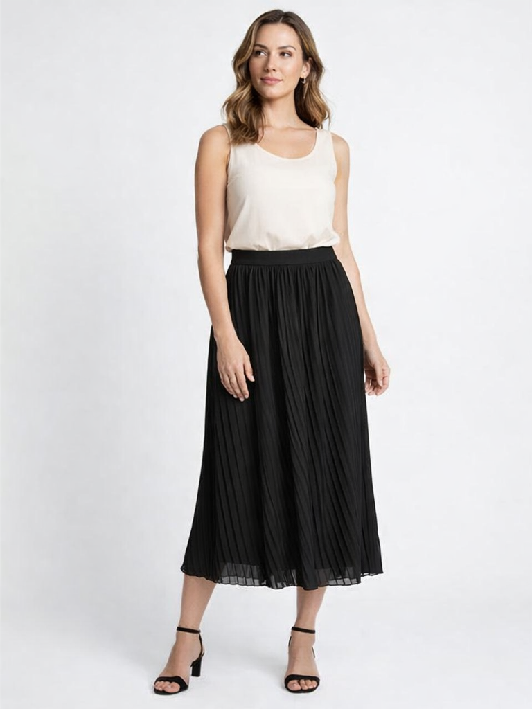 Defnestore Store Siyah Jakarlı V-Pileli Beli Lastikli Etek