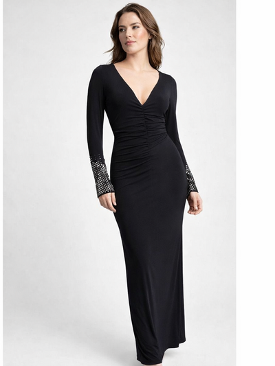 Perle Donna Siyah Kolları İşıltı Detaylı Abiye Elbise