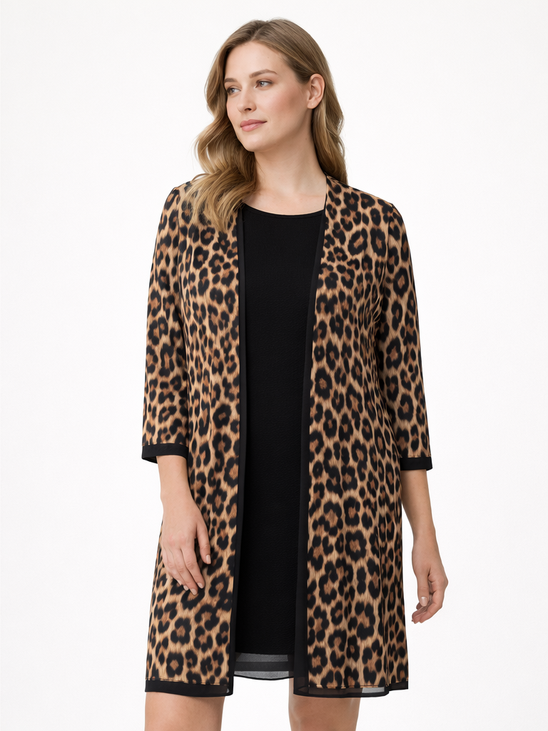 Femina Siyah İçlikli Leopar Desenli Şifon Kimono Takım