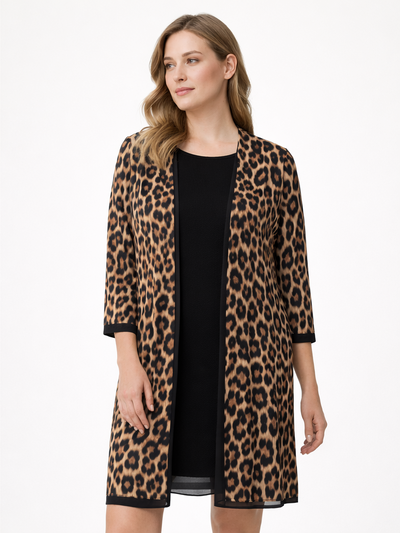 Femina Siyah İçlikli Leopar Desenli Şifon Kimono Takım
