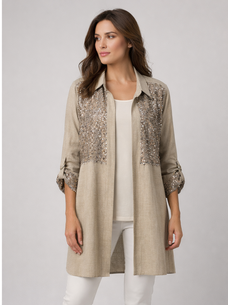 Femina Vizon Payetli El İşçiliği Keten Görünümlü İkili Takım