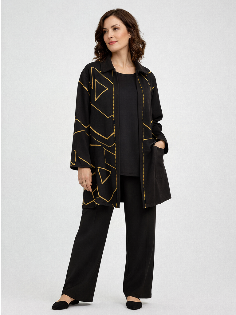 Femina Siyah Gold Geometrik Desenli Ve Deri Detaylı İkili Takım