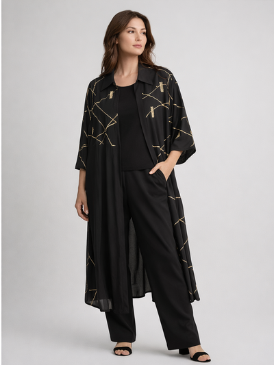 Femina Siyah Gold Geometrik Nakışlı İkili Abiye Takım