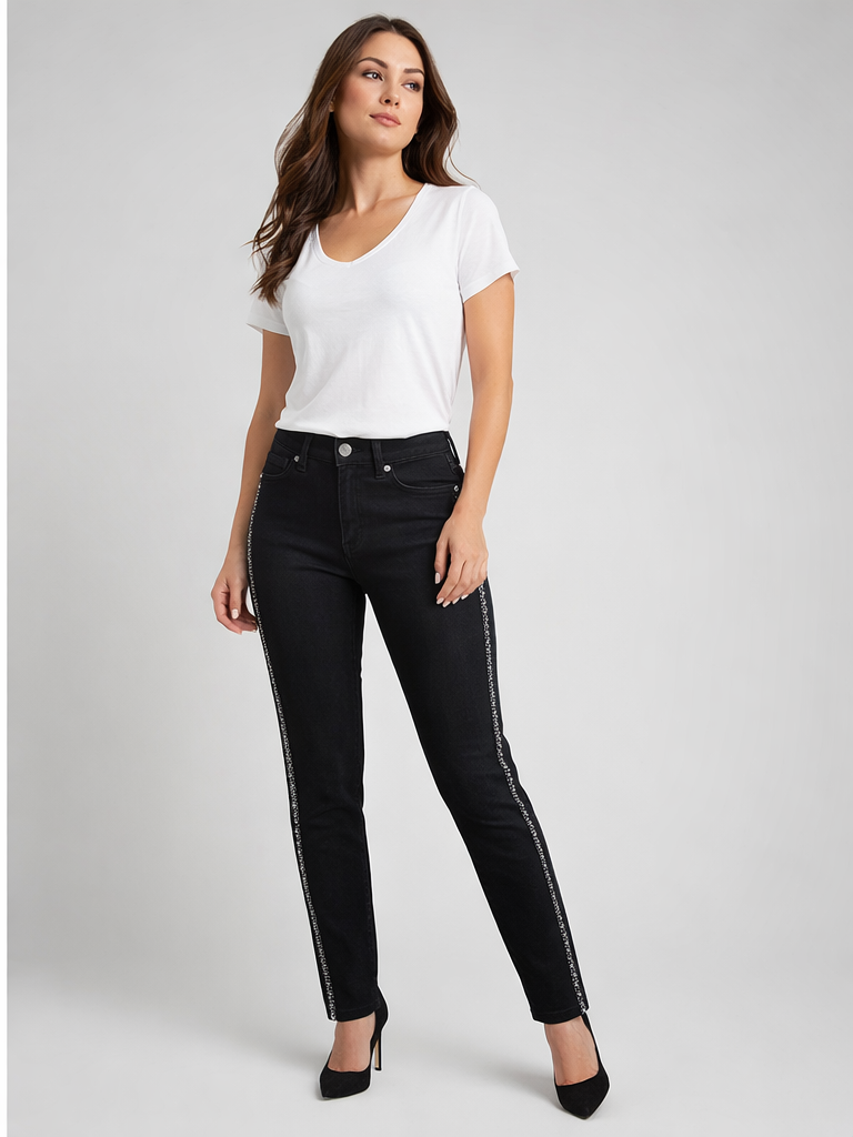 Xlove Siyah Yanı Şerit Taşlı Jean Pantolon