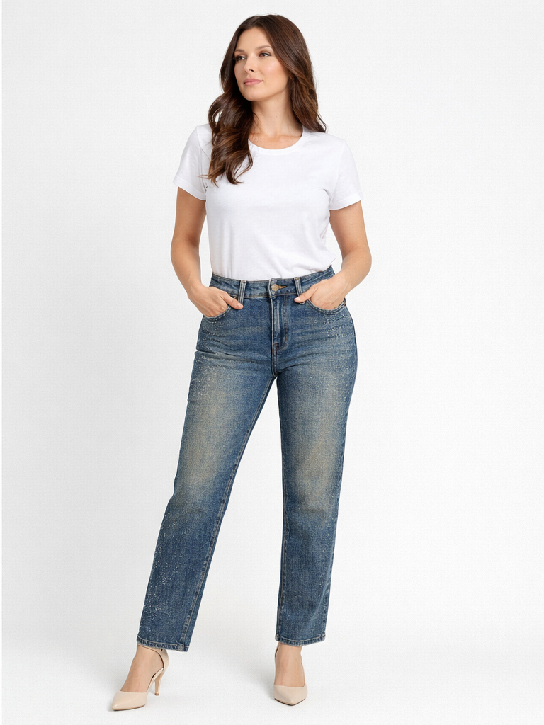 Xlove Vintage Yıkama Serpme İşıltılı Denim Pantolon