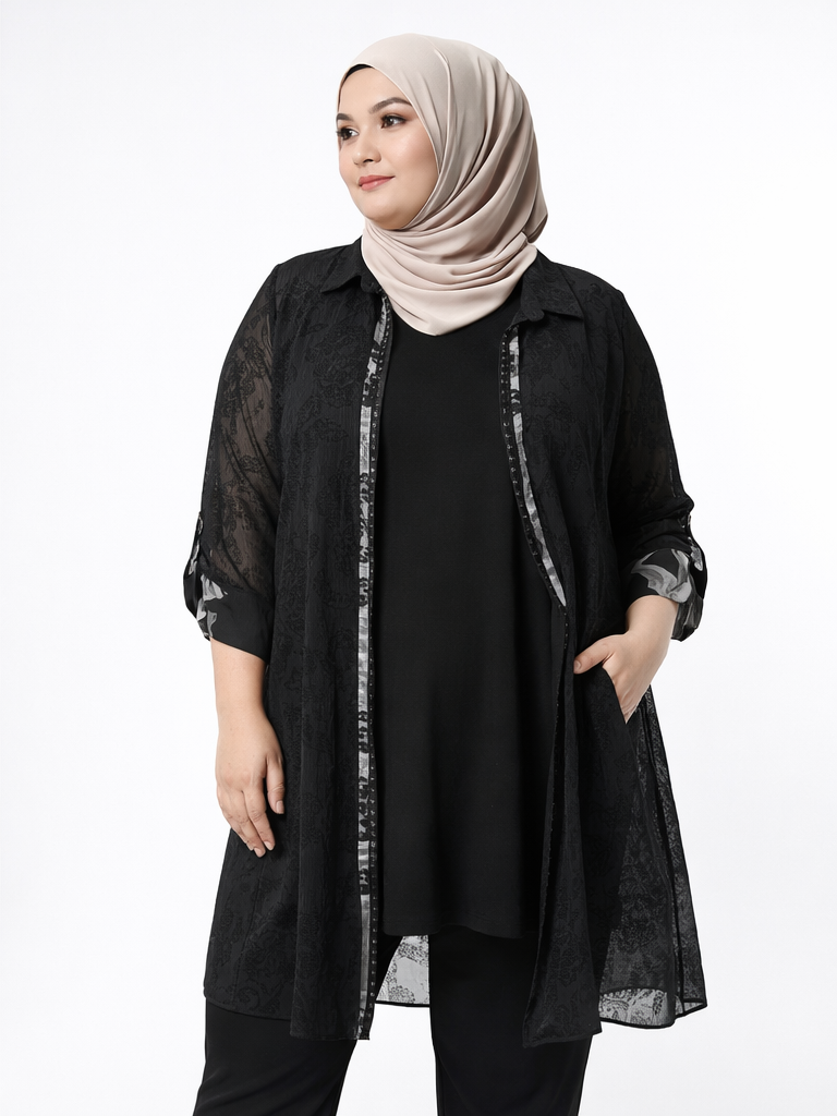 Femina Siyah Jakarlı Şifon Garnili İkili Takım