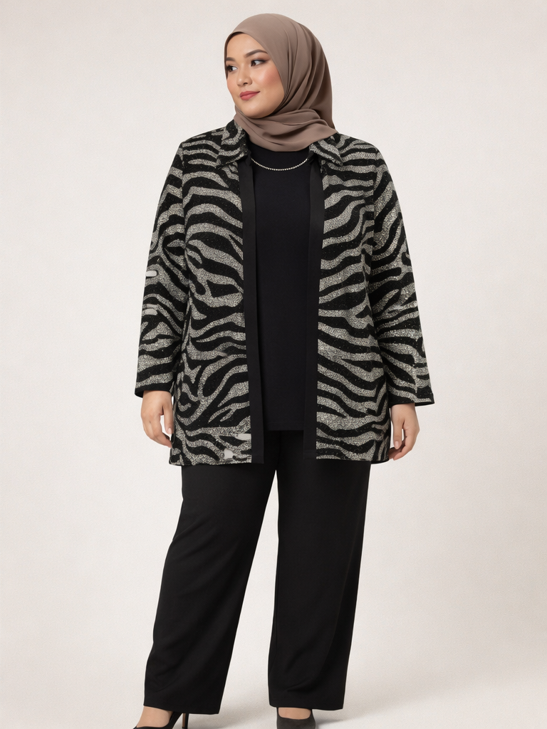 Femina Siyah Gümüş Simli Zebra Desenli İkili Takım