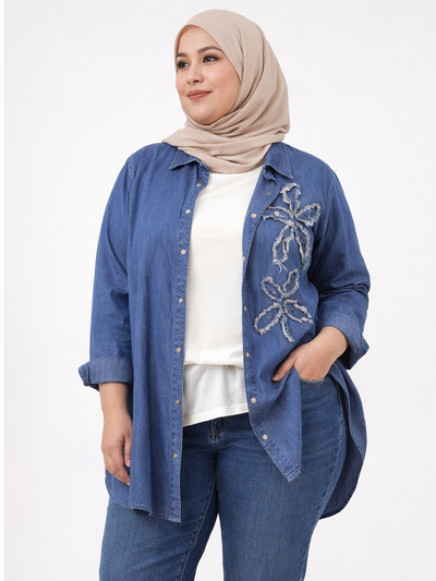 Femina Mavi Denim Görünümlü Çiçek Nakışlı İkili Takım