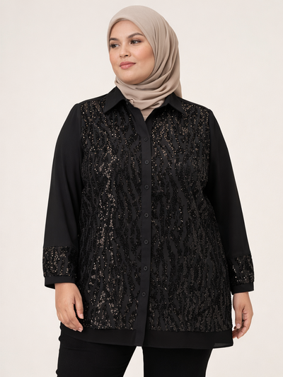Femina Siyah Boydan Düğmeli Payet İşlemeli Gömlek Tunik