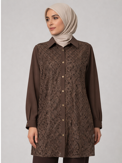 Defne Store Acı Kahve Dantel Dokulu Boydan Düğmeli Tunik