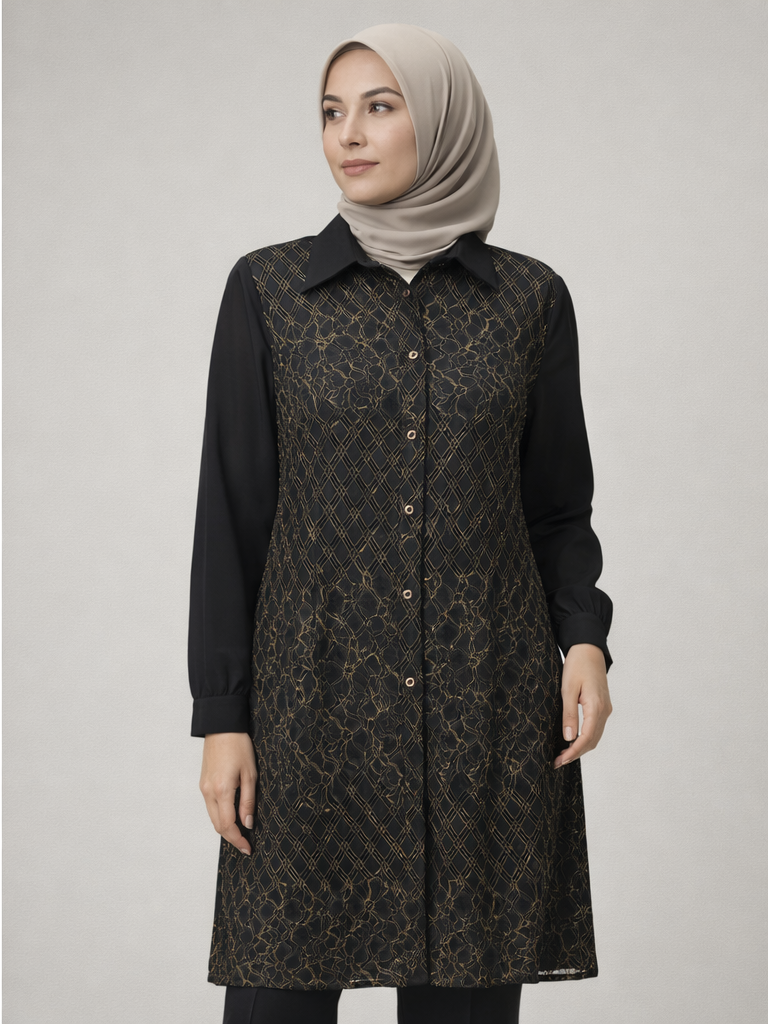 Defne Store Siyah Geometrik Dantel Detaylı Boydan Gömlek