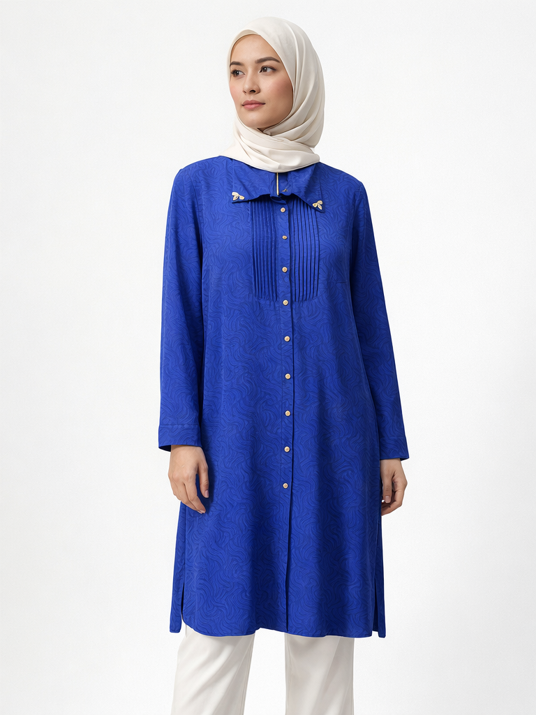 Defne Store Saks Mavisi Nervürlü ve Taş Broşlu Tunik Gömlek