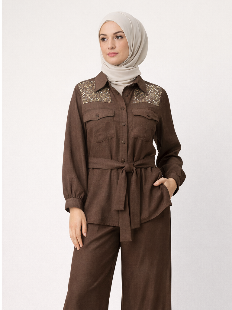 Defne Store Kahve Kristal Taşlı File Garnili İkili Takım