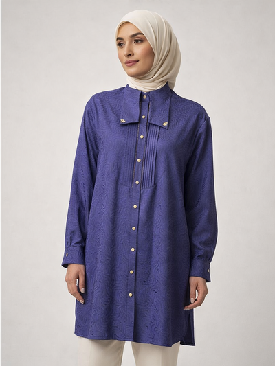 Defne Store Saks Mavisi Pli Kaşkorse Detaylı Tunik Gömlek