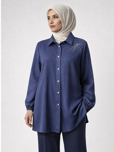 Defne Store Lacivert Kristal Taş İşlemeli Sim Çizgili Tunik pantolon takım