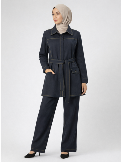 Defne Store Antrasit Kontrast Dikişli Safari Stil Kuşaklı Tunik Pantolon Takım