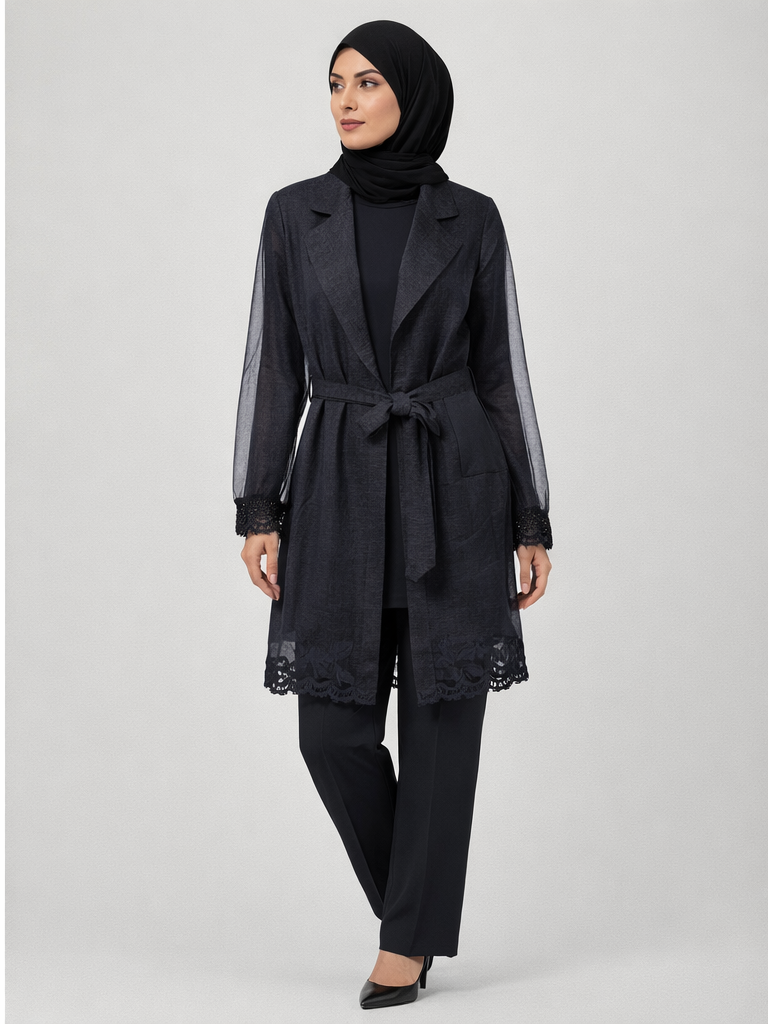 Defne Store Siyah Nakış İşlemeli Organze Kimono ve Beli Lastikli Pantolon İkili Takım