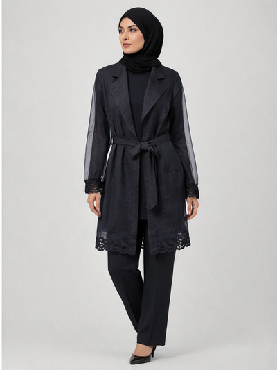 Defne Store Siyah Nakış İşlemeli Organze Kimono ve Beli Lastikli Pantolon İkili Takım